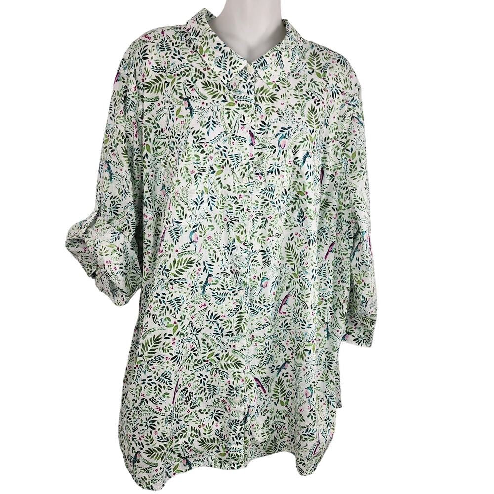 Croft & Barrow Hummingbird Bird Button Front Shirt Roll Tab Sleeves Floral 3X